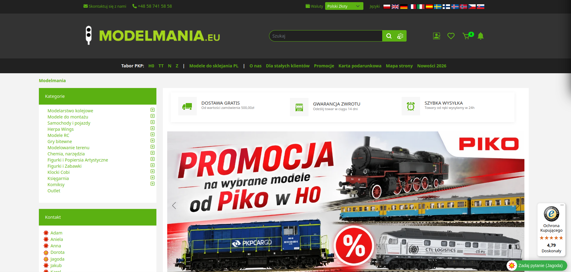 Strona sklepu z modelami